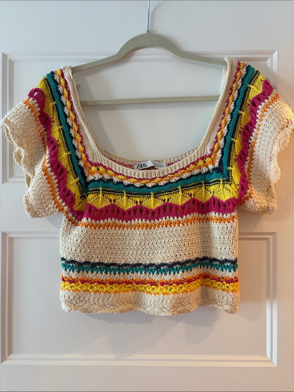 Zara Cream Crochet Crop Top with Yellow, Pink, Teal & Orange Stripes